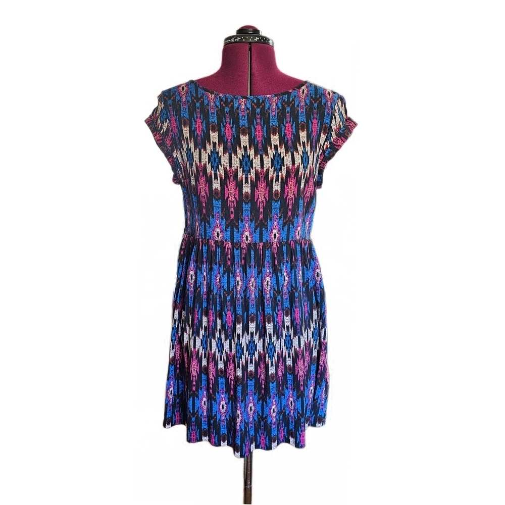 Atmosphere Aztec Geometric Blue and Pink A-line Resort Midi Dress